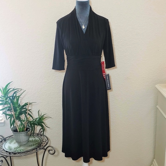 Jones New York Dresses & Skirts - Jones New York Black Jersey Knit Faux Wrap Elbow Sleeve Ruched Waist Dress - 10
